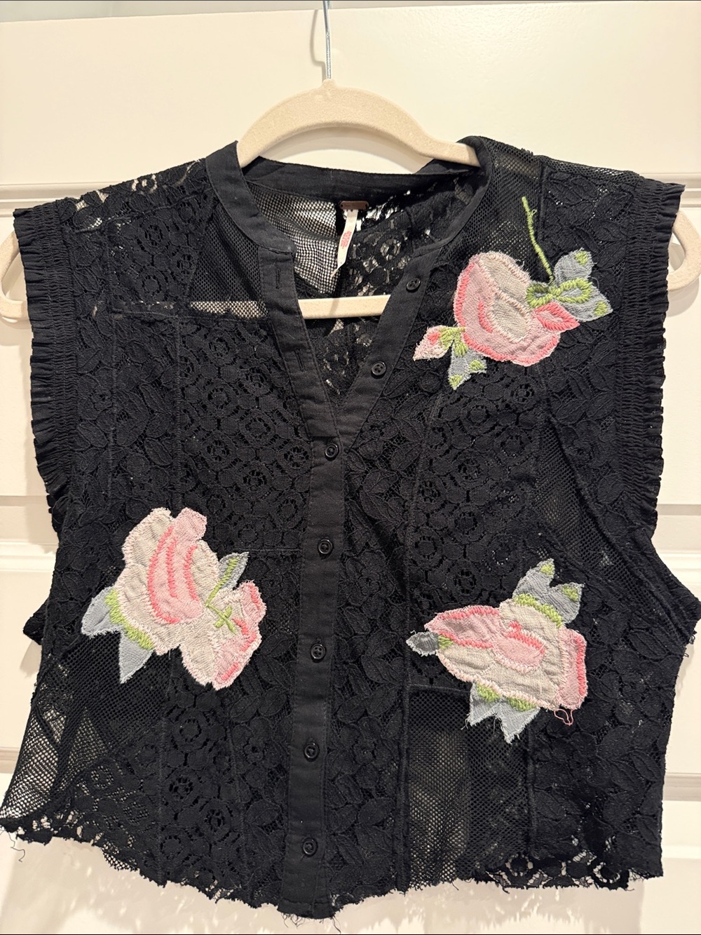 Black Lace Sleeveless Button-Front Top with Pink Rose Embroidery